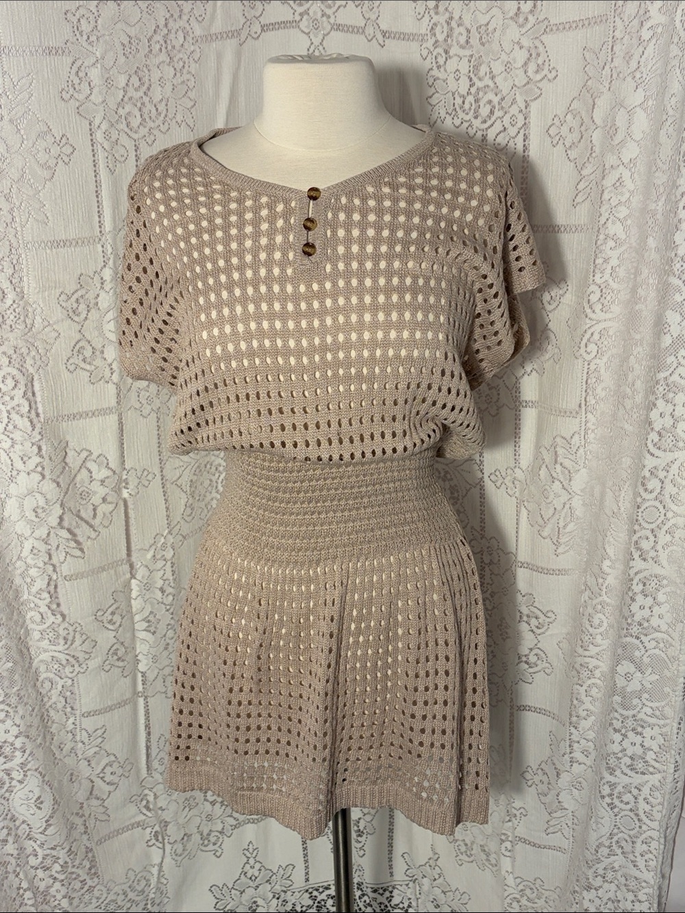 Crochet Knit Two-Piece Skirt Set in Light Taupe